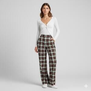 Women's Long Sleeve White Top with Ring Detail & Plaid Pants SET